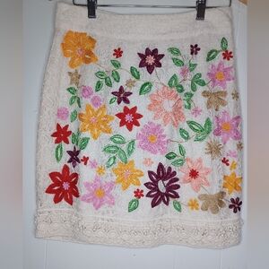 Anthropologie Floral Embroidered Mini Skirt - Cream Multicolor